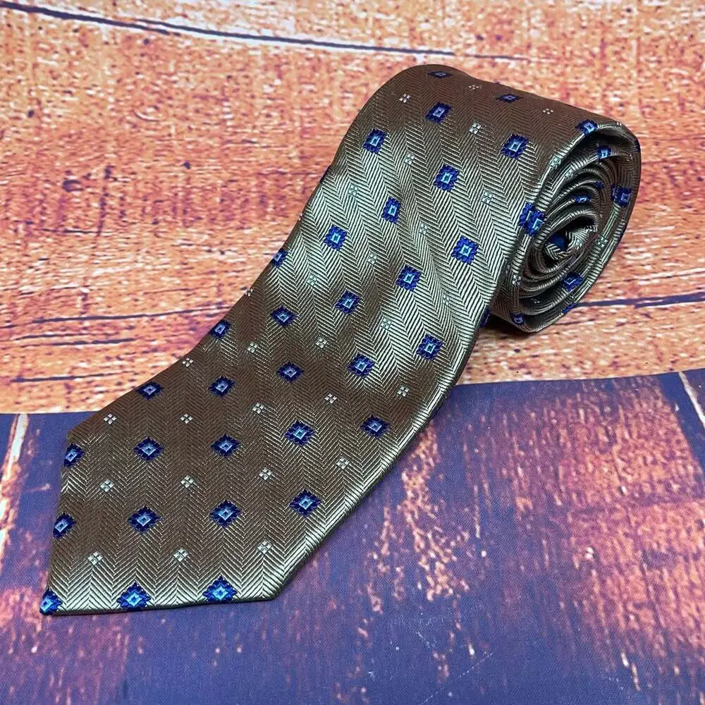 Chaps Silk Necktie Gold Brown Blue Geometric Diamond Chevron Pattern